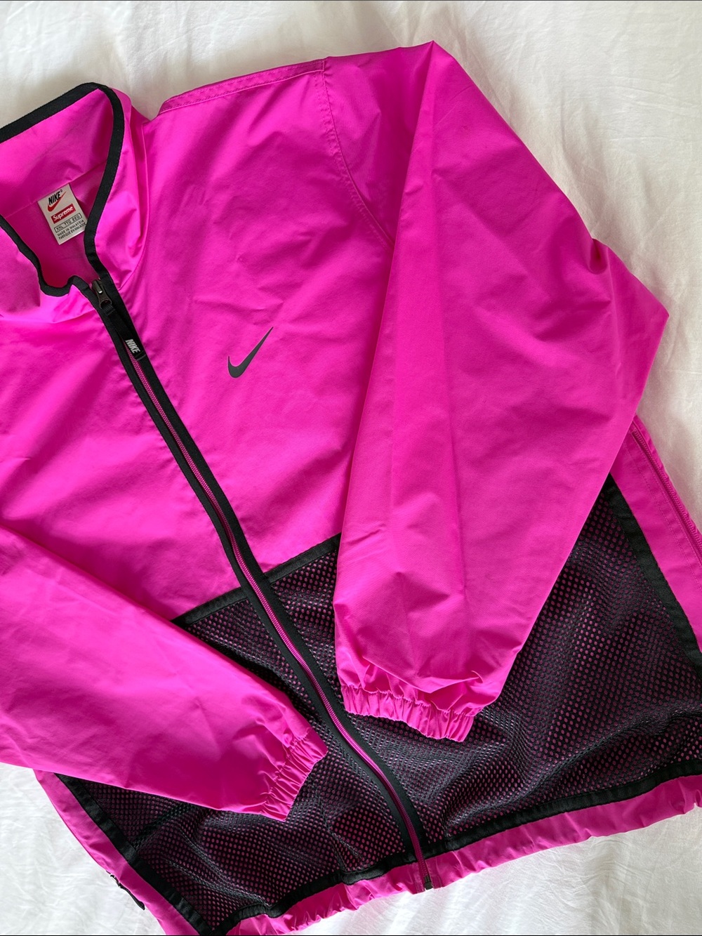 Nike x Supreme Collab Vintage Hot Pink windbreaker with Black 3M reflective logo